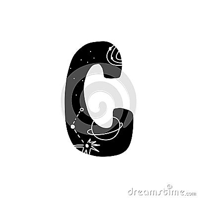 Hand drawn letter C. Black alphabet letter inside which there are stars, planets, galaxies, constellations. Vector stock Vector Illustration