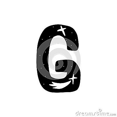 Hand drawn letter G. Black letter of the alphabet inside which is a shooting star, the night sky. Vector stock illustration Vector Illustration