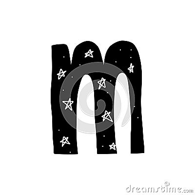 Hand drawn letter M. Black alphabet letter inside which there are many stars and the night sky. Vector stock illustration isolated Vector Illustration