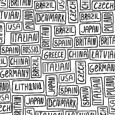 Hand-drawn lettering as a background. Countries: USA, Russia, Czech Republic, China, Lithuania, Latvia, Japan, Germany Vector Illustration