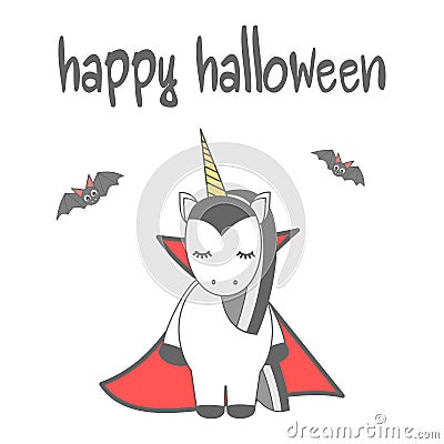 Hand drawn lettering happy halloween vector card with cute cartoon vampire unicorn Vector Illustration