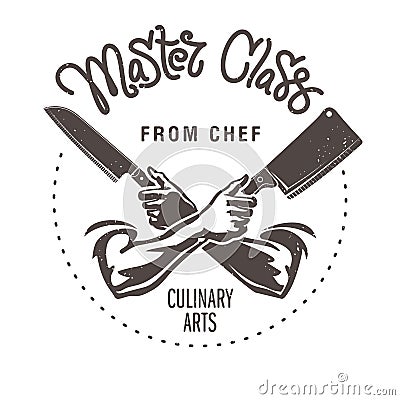 Hand drawn lettering. Master class from chef. Male hands are holding the knifesn Vector Illustration