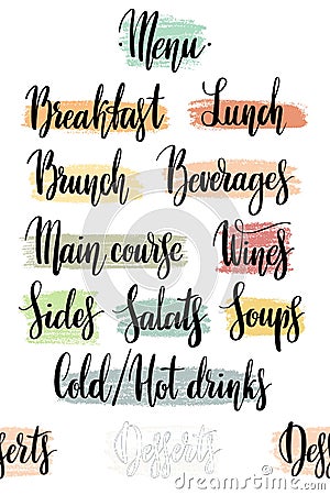 Hand drawn lettering. Vector illustration. Menu for restaurant by hand on artistic textured spots. Various food related Vector Illustration