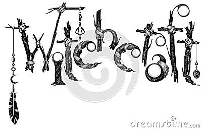 Hand drawn lettering.Witchcraft mystical magic elements. Vector Illustration