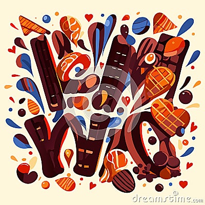 Hand drawn lettering word WOW with chocolate candies. Colorful. generative AI Vector Illustration