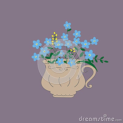 Hand drawn light blue forget-me-not flowers branches with green leaves in vintage tea cup, shabby chic style, mothers day Stock Photo