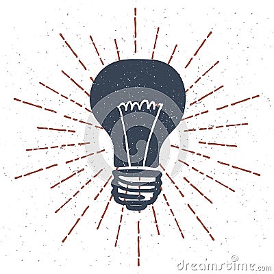 hand Drawn Light Bulb with Vintage Sunburst. Vector Stock Photo