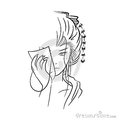 Hand Drawn Line Art Cartoon Illustration of A Beautiful Geisha Covers Half of Her Face With A Mask. Vector Illustration