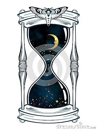 Hand drawn line art hourglass with moon and stars isolated boho sticker, print or blackwork tattoo design vector illustration Vector Illustration