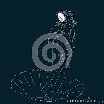 Hand drawn line art of Venus from a painting by Botticelli Vector Illustration