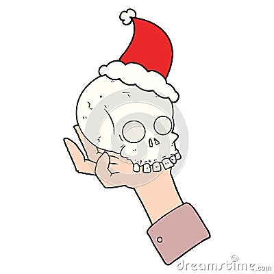 hand drawn line drawing of a hand holding skull wearing santa hat Vector Illustration