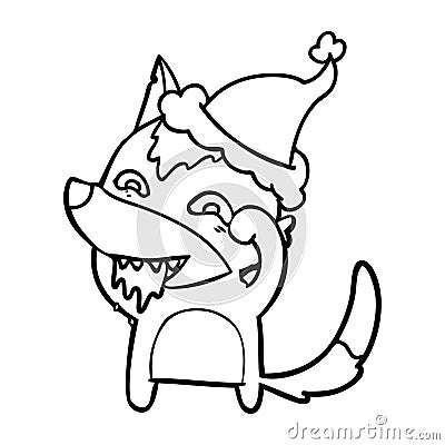 hand drawn line drawing of a hungry wolf wearing santa hat Vector Illustration