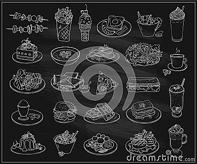 Hand drawn line graphic illustration of assorted food, desserts and drinks, vector symbols set Vector Illustration