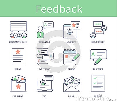 Hand drawn line style icon set : Customer service, Relationship Management, Feedback, Business elements, Solution for Vector Illustration