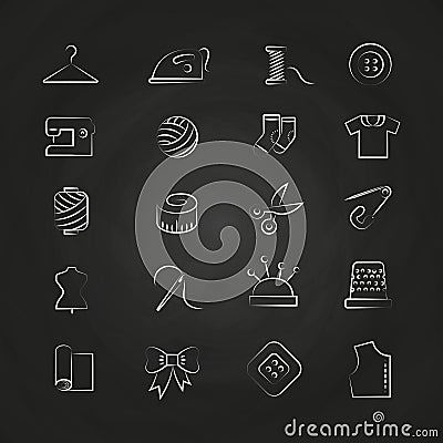 Hand drawn linear fabric, sewing, tailor, knitting icons Vector Illustration