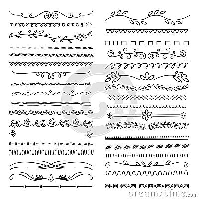 Hand drawn lines. Floral scribble ornamental web dividers wedding doodle vector decoration Vector Illustration