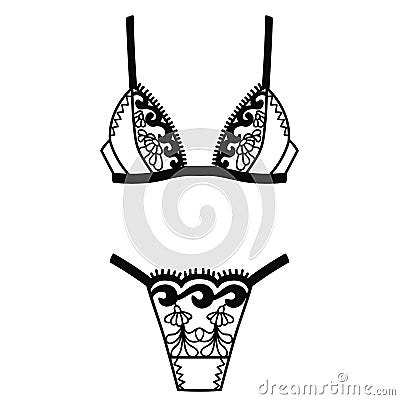 Hand drawn lingerie. Panty and bra set. Vector Illustration