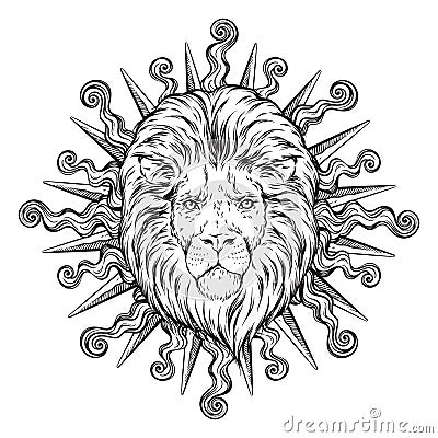 Hand drawn lion head in sun rays isolated over white background vector illustration. Flash tattoo or print design Vector Illustration