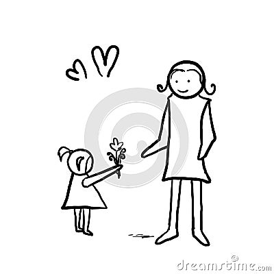 Hand drawn the little girl gives flowers to her mother symbol for happy mother day. doodle Vector Illustration