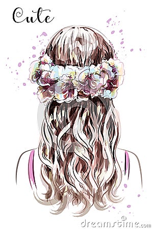 Hand drawn long hair girl in flower wreath. Brown hair. Cute curly hairstyle. Sketch. Vector Illustration