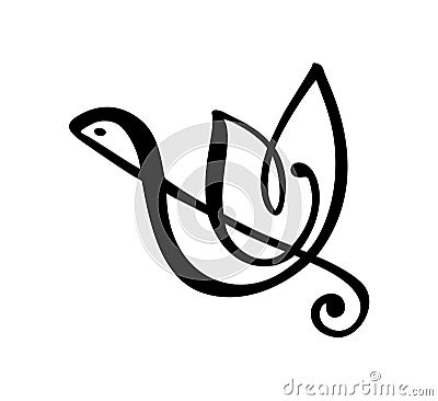 Hand drawn Love Music vector Logo treble clef and bird. Isolated on the white background Stock Photo