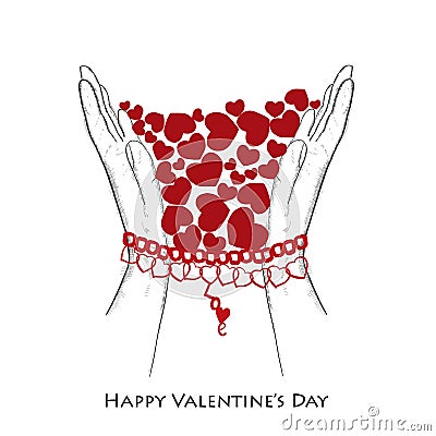 Hand drawn ``Love` text. Shiny red heart simple Valentine`s day greeting card Vector Illustration