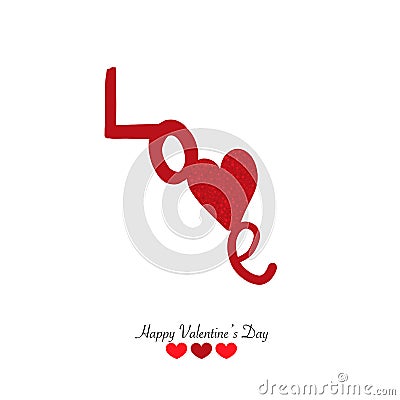 Hand drawn ``Love` text. Shiny red heart simple Valentine`s day greeting card Vector Illustration