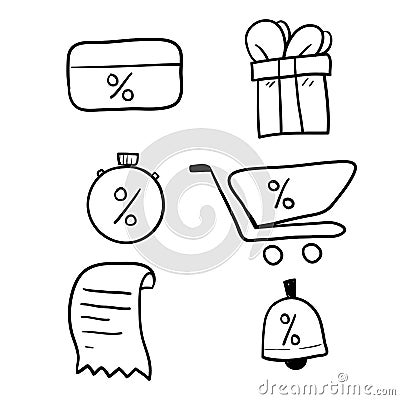 Hand drawn Loyalty card, incentive program vector icon set, earn bonus points for purchase, discount coupon, limited time period, Vector Illustration