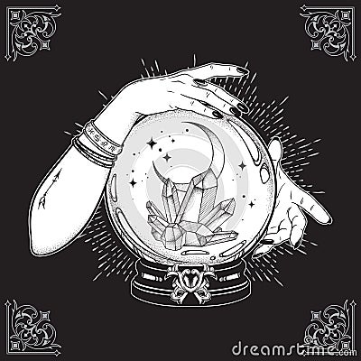 Hand drawn magic crystal ball with gems and crescent moon in hands of fortune teller line art and dot work. Boho chic tattoo, post Vector Illustration