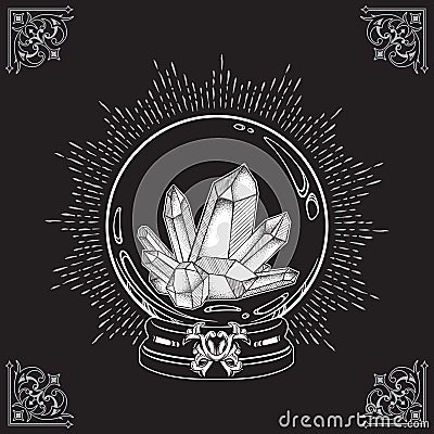 Hand drawn magic crystal ball with gems line art and dot work. Boho chic tattoo, poster or altar veil print design vector illustra Vector Illustration