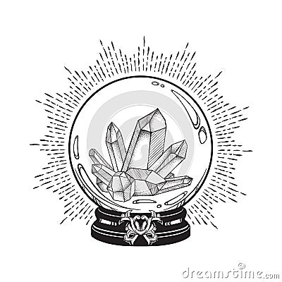 Hand drawn magic crystal ball with gems line art and dot work. Boho chic tattoo, poster or altar veil print design vector illustra Vector Illustration