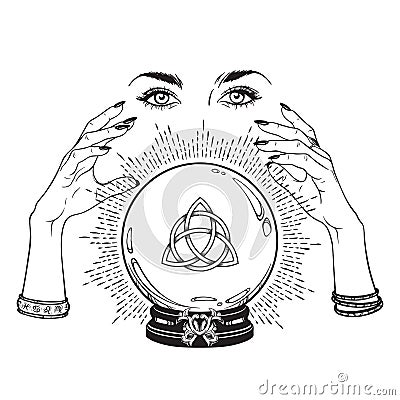 Hand drawn magic crystal ball with Triquetra or Trinity knot in hands of fortune teller line art and dot work. Boho chic tattoo, p Vector Illustration