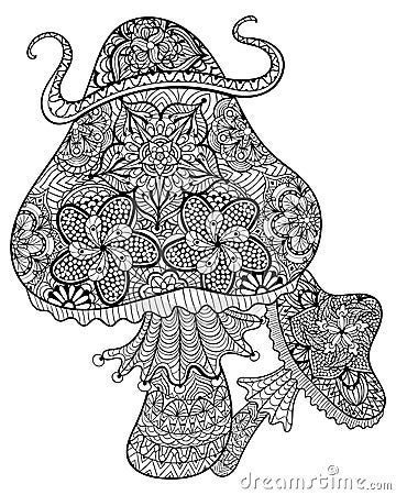 Hand drawn magic mushrooms for adult anti stress Coloring Page Vector Illustration