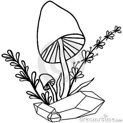 Hand drawn magical composition of mysterious crystals, mushrooms and herbs Vector Illustration