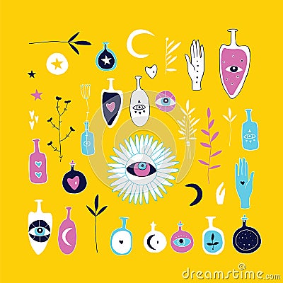 Hand drawn magical esoteric mystic elements on yellow background Stock Photo