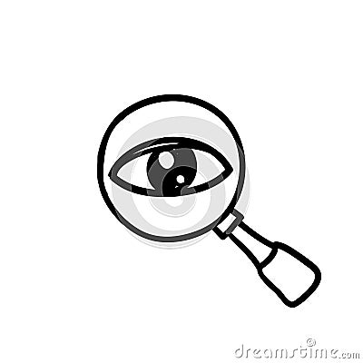 Hand drawn Magnifier with eye outline icon. Find icon, investigate concept symbol. Appearance, aspect, look, view, creative vision Vector Illustration