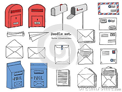Hand drawn mail, post, letter, envelope, paper plane cartoon Set. Vector illustration. Doodle decorative elements. Mail and post i Vector Illustration