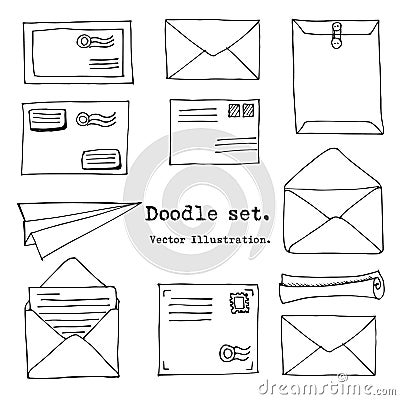 Hand drawn mail, post, letter, envelope, paper plane Set. Vector illustration. Doodle elements. Mail and post icon in sketch style Vector Illustration