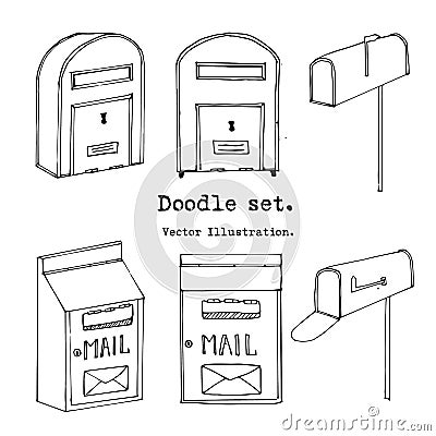 Hand drawn mailbox Set. Vector illustration. Doodle post, mail decorative elements. Mail icon in sketch style. Vintage mailbox Vector Illustration