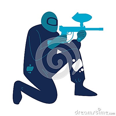Man in special protective costume and mask sitting on knee playing paintball Vector Illustration