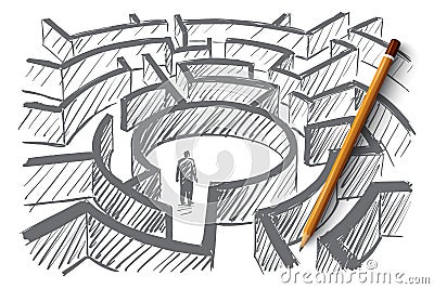 Hand drawn man standing in center of labyrinth Vector Illustration