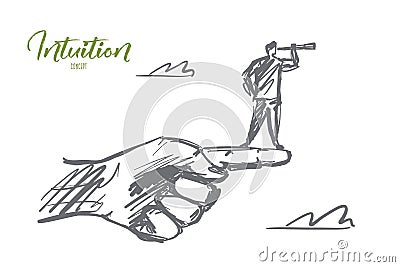 Hand drawn man standing on finger with spyglass Vector Illustration