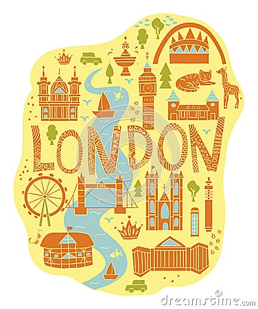 Hand drawn map of London in cartoon style Vector Illustration