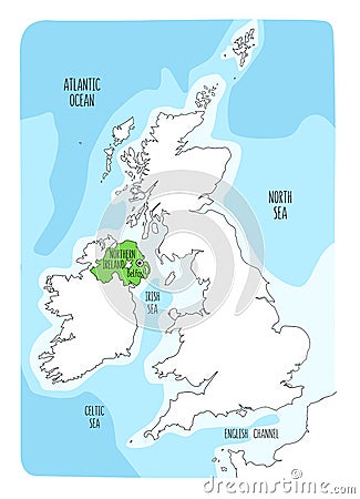 Hand drawn map of Northern Ireland and the British Isles.UK-map Vector Illustration