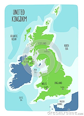 Hand drawn map of the United Kingdom including England, Wales, Scotland and Northern Ireland and their capital cities Vector Illustration