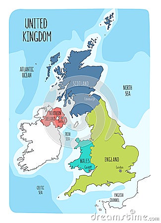 Hand drawn map of the United Kingdom including England, Wales, Scotland and Northern Ireland and their capital cities Vector Illustration