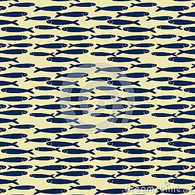 Hand drawn marine seamless pattern a group of anchovy fish on yellow background. Stock Photo