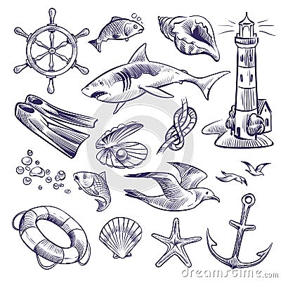 Hand drawn marine set. Sea ocean voyage lighthouse shark knot shell lifebuoy seagull anchor steering wheel Vector Illustration