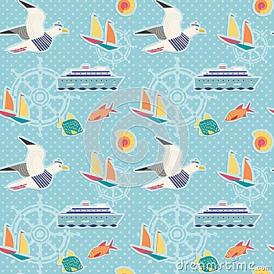 Hand drawn maritime stickers seamless pattern Vector Illustration