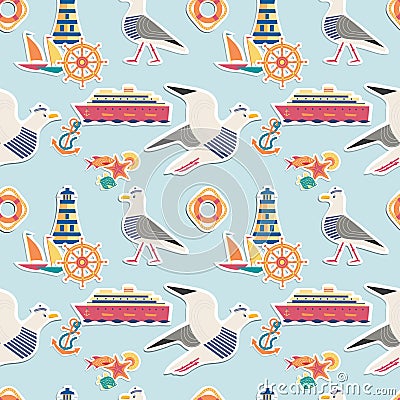 Hand drawn maritime stickers seamless pattern Vector Illustration